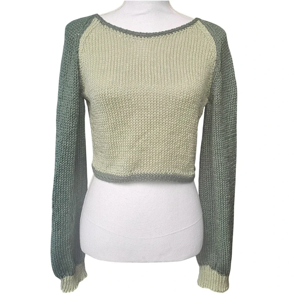 Handmade Knit Cropped‎ Sweater – Two Tone Green | Size Small-Medium